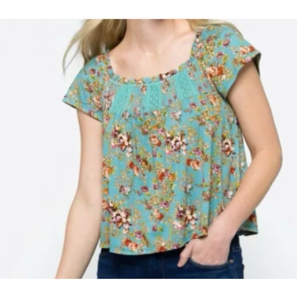Mason & Belle Smocked Floral Top Womens Large Flowy Short Sleeve Cottagecore
